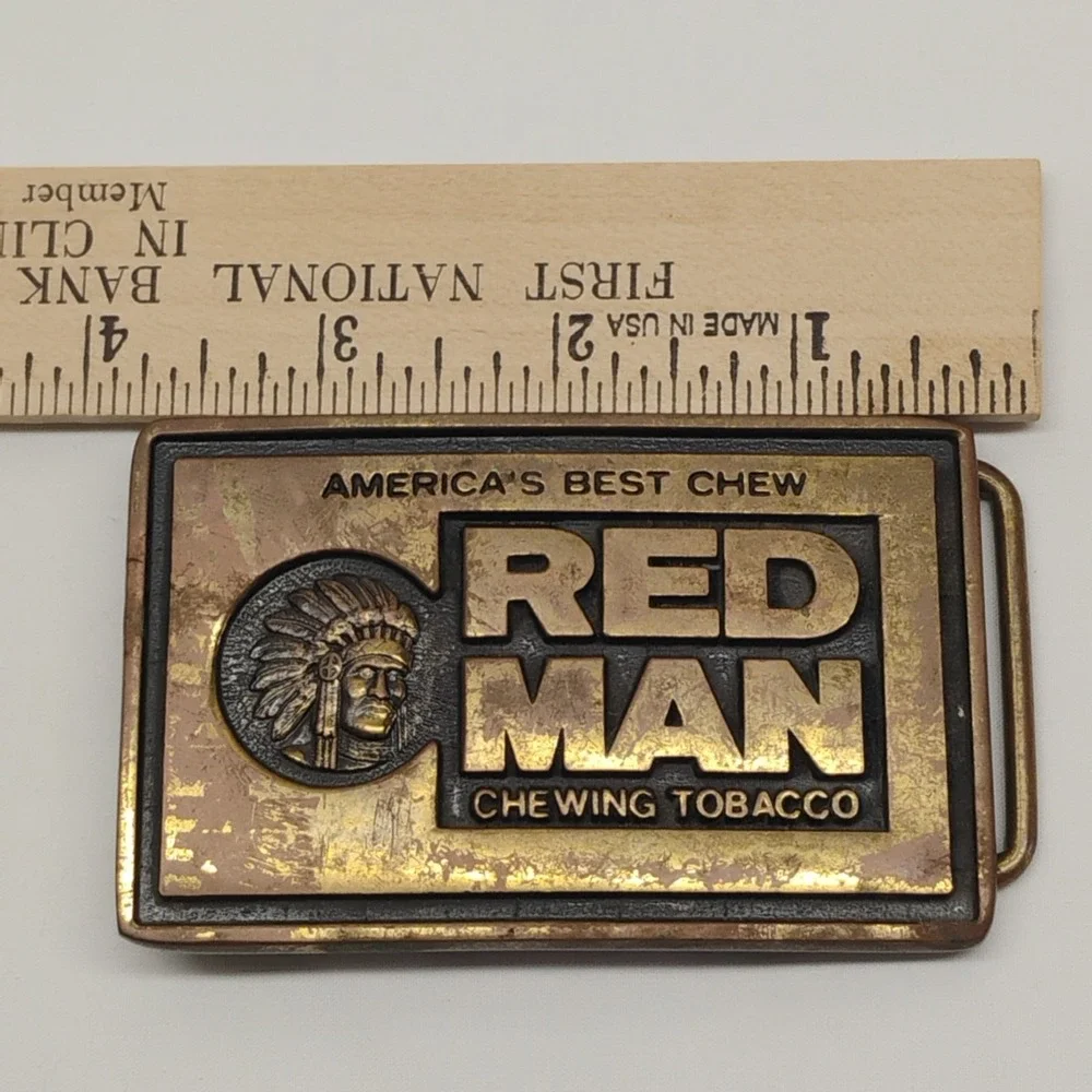 Vintage 80s BTS RED MAN CHEWING TOBACCO Solid Brass USA Advertising Belt Buckle
